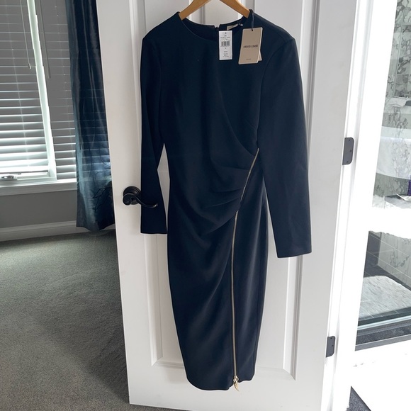 ROBERTO CAVALLI Black Longsleeve Gold Zip Slit TigerTooth Bodycon Dress Sz 46 10 - Picture 8 of 16